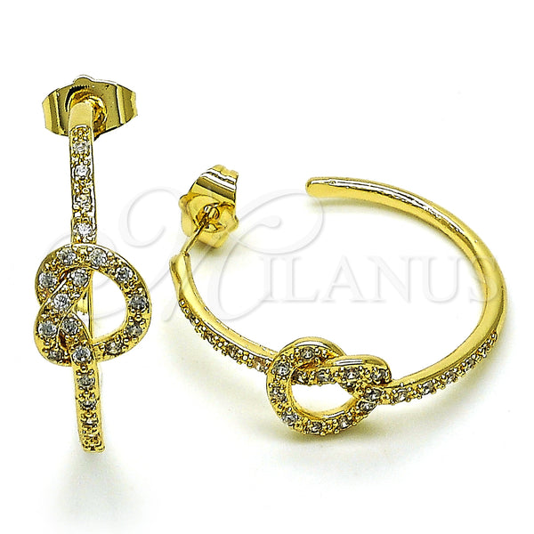 Gold Filled Hoop Earrings — Medium Hoop Love Knot Design with White Micro — main product view — SKU 149984 | Oro Laminado aretes de aro — Medium Hoop Love Knot diseño with blanco Micro — SKU 149984