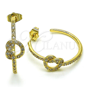 Gold Filled Hoop Earrings — Medium Hoop Love Knot Design with White Micro — main product view — SKU 149984 | Oro Laminado aretes de aro — Medium Hoop Love Knot diseño with blanco Micro — SKU 149984