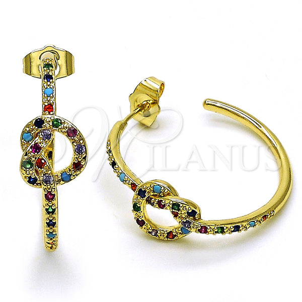 Gold Filled Hoop Earrings — Medium Hoop Love Knot Design with Multicolor Micro — main product view — SKU 149985 | Oro Laminado aretes de aro — Medium Hoop Love Knot diseño with Multicolor Micro — SKU 149985