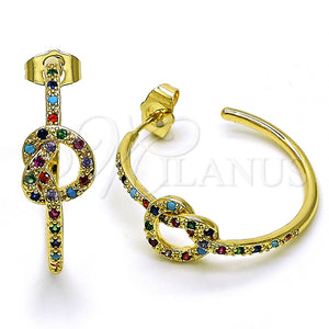 Gold Filled Hoop Earrings — Medium Hoop Love Knot Design with Multicolor Micro — main product view — SKU 149985 | Oro Laminado aretes de aro — Medium Hoop Love Knot diseño with Multicolor Micro — SKU 149985