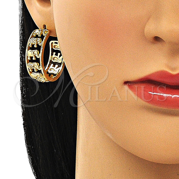 Gold Filled Hoop Earrings — Medium Hoop Elephant Design with White Micro Pave — alternate product view — SKU 149986 | Oro Laminado aretes de aro — Medium Hoop Elephant diseño with blanco Micro Pave — SKU 149986