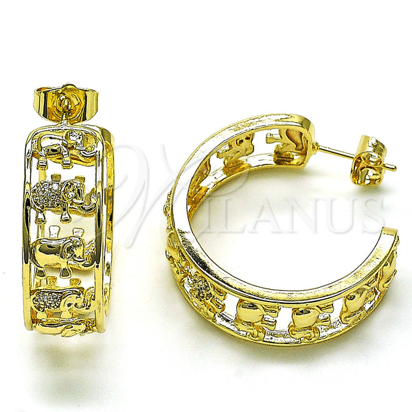 Gold Filled Hoop Earrings — Medium Hoop Elephant Design with White Micro Pave — main product view — SKU 149986 | Oro Laminado aretes de aro — Medium Hoop Elephant diseño with blanco Micro Pave — SKU 149986