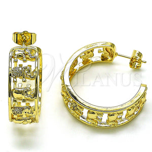 Gold Filled Hoop Earrings — Medium Hoop Elephant Design with White Micro Pave — main product view — SKU 149986 | Oro Laminado aretes de aro — Medium Hoop Elephant diseño with blanco Micro Pave — SKU 149986