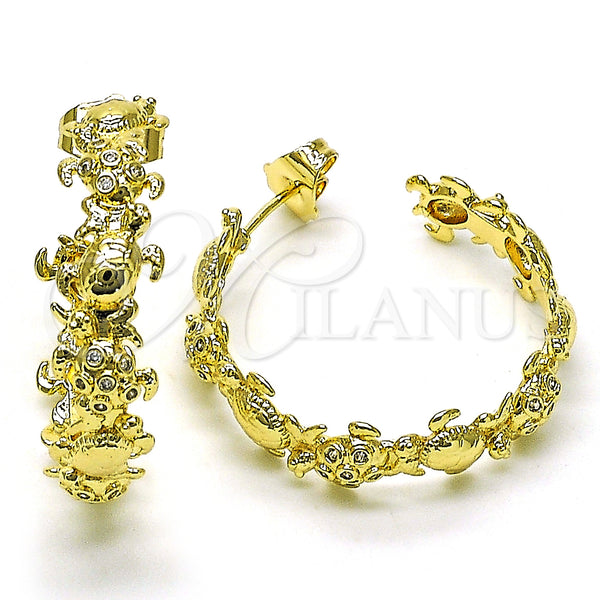 Gold Filled Hoop Earrings — Medium Hoop Turtle Design with White Micro Pave — main product view — SKU 149987 | Oro Laminado aretes de aro — Medium Hoop Turtle diseño with blanco Micro Pave — SKU 149987