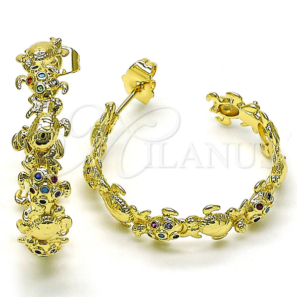 Gold Filled Hoop Earrings — Medium Hoop Turtle Design with Multicolor Micro Pave — main product view — SKU 149988 | Oro Laminado aretes de aro — Medium Hoop Turtle diseño with Multicolor Micro Pave — SKU 149988