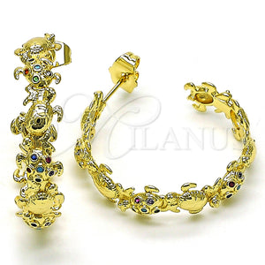 Gold Filled Hoop Earrings — Medium Hoop Turtle Design with Multicolor Micro Pave — main product view — SKU 149988 | Oro Laminado aretes de aro — Medium Hoop Turtle diseño with Multicolor Micro Pave — SKU 149988