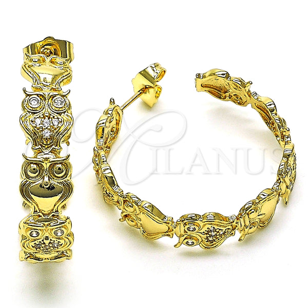 Oro Laminado Medium Hoop, Gold Filled Style Owl Design, with White Micro Pave, Polished, Golden Finish, 02.210.0797.35