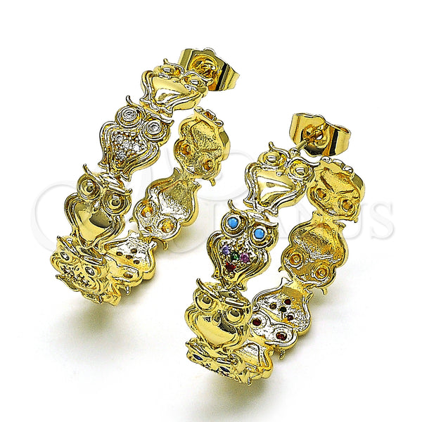 Gold Filled Hoop Earrings — Medium Hoop Owl Design with White Micro Pave — alternate product view — SKU 149991 | Oro Laminado aretes de aro — Medium Hoop Owl diseño with blanco Micro Pave — SKU 149991
