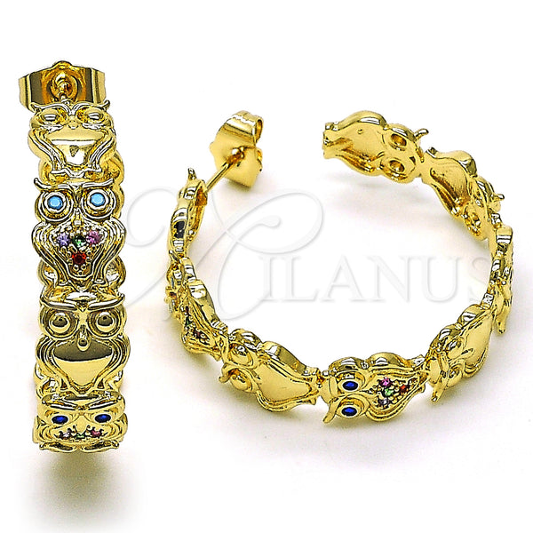 Gold Filled Hoop Earrings — Medium Hoop Owl Design with Multicolor Micro Pave — main product view — SKU 149992 | Oro Laminado aretes de aro — Medium Hoop Owl diseño with Multicolor Micro Pave — SKU 149992