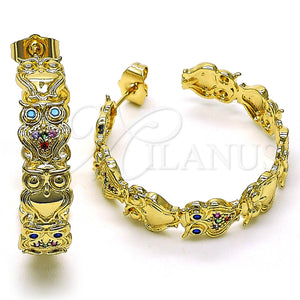 Gold Filled Hoop Earrings — Medium Hoop Owl Design with Multicolor Micro Pave — main product view — SKU 149992 | Oro Laminado aretes de aro — Medium Hoop Owl diseño with Multicolor Micro Pave — SKU 149992