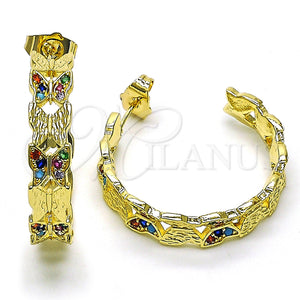 Gold Filled Hoop Earrings — Medium Hoop Butterfly Design with Multicolor Micro Pave — main product view — SKU 149994 | Oro Laminado aretes de aro — Medium Hoop Butterfly diseño with Multicolor Micro Pave — SKU 149994