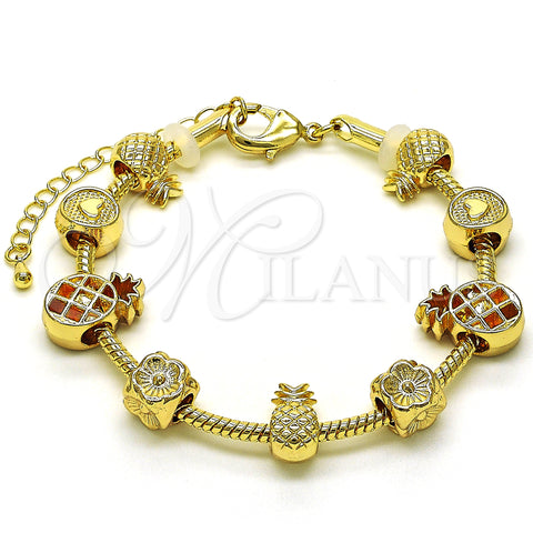 Oro Laminado Fancy Bracelet, Gold Filled Style Pineapple and Flower Design, Polished, Golden Finish, 03.63.2258.07 (03 MM Thickness, 7 Inches Length)