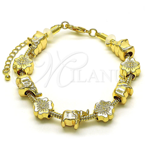 Oro Laminado Fancy Bracelet, Gold Filled Style Elephant and Four-leaf Clover Design, Polished, Golden Finish, 03.63.2262.07 (03 MM Thickness, 7 Inches Length)