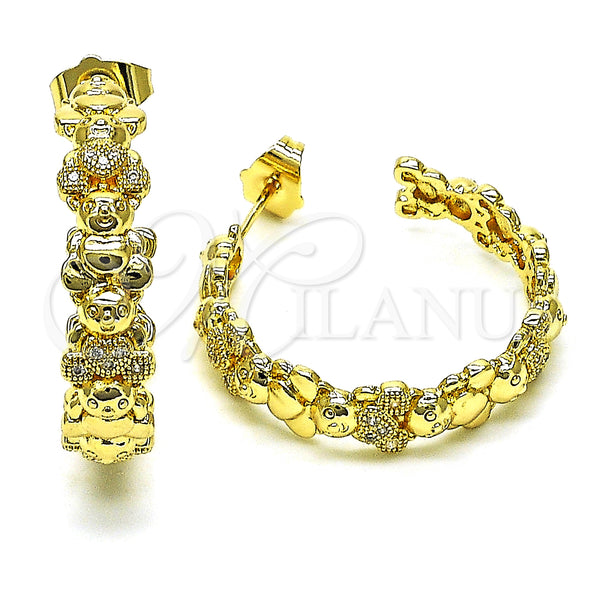 Gold Filled Hoop Earrings — Medium Hoop Teddy Bear Design with White Micro — main product view — SKU 150010 | Oro Laminado aretes de aro — Medium Hoop Teddy Bear diseño with blanco Micro — SKU 150010
