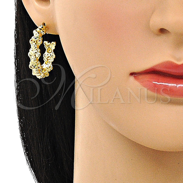 Gold Filled Hoop Earrings — Medium Hoop Teddy Bear Design with Multicolor Micro — alternate product view — SKU 150011 | Oro Laminado aretes de aro — Medium Hoop Teddy Bear diseño with Multicolor Micro — SKU 150011