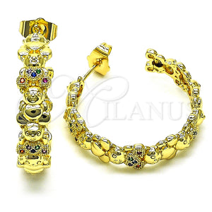 Gold Filled Hoop Earrings — Medium Hoop Teddy Bear Design with Multicolor Micro — main product view — SKU 150011 | Oro Laminado aretes de aro — Medium Hoop Teddy Bear diseño with Multicolor Micro — SKU 150011