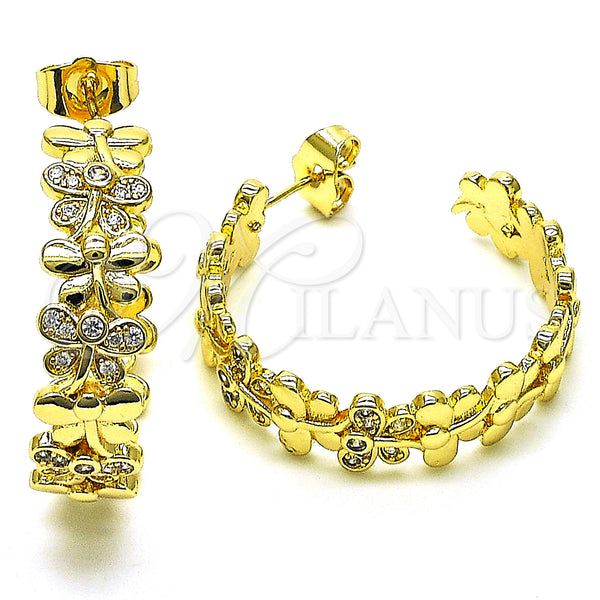 Gold Filled Hoop Earrings — Medium Hoop Dragon-Fly Design with White Micro Pave — main product view — SKU 150012 | Oro Laminado aretes de aro — Medium Hoop Dragon-Fly diseño with blanco Micro Pave — SKU 150012