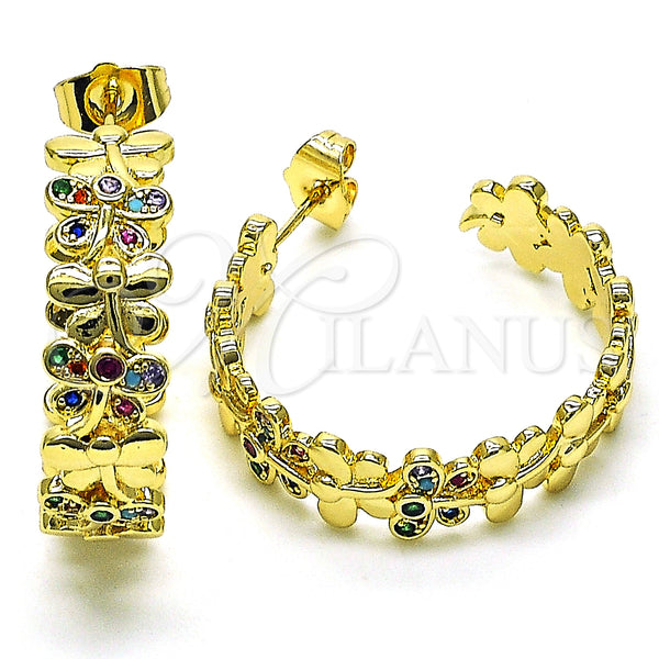 Gold Filled Hoop Earrings — Medium Hoop Dragon-Fly Design with Multicolor Micro Pave — main product view — SKU 150013 | Oro Laminado aretes de aro — Medium Hoop Dragon-Fly diseño with Multicolor Micro Pave — SKU 150013