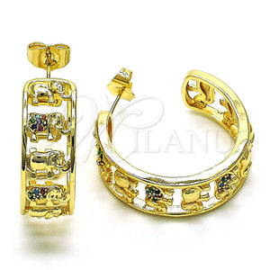 Gold Filled Hoop Earrings — Medium Hoop Elephant Design with Multicolor Micro Pave — main product view — SKU 150016 | Oro Laminado aretes de aro — Medium Hoop Elephant diseño with Multicolor Micro Pave — SKU 150016