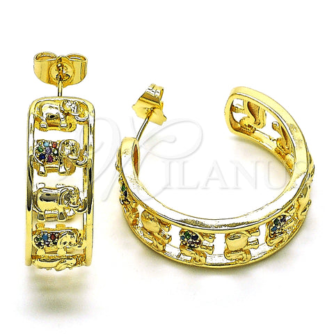 Oro Laminado Medium Hoop, Gold Filled Style Elephant Design, with Multicolor Micro Pave, Polished, Golden Finish, 02.210.0794.1.30