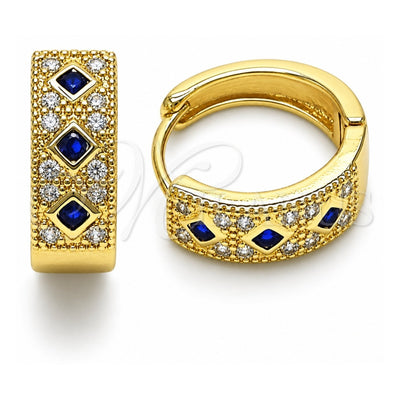 Oro Laminado Huggie Hoop, Gold Filled Style with Sapphire Blue Cubic Zirconia and White Micro Pave, Polished, Golden Finish, 02.210.0056.13.15