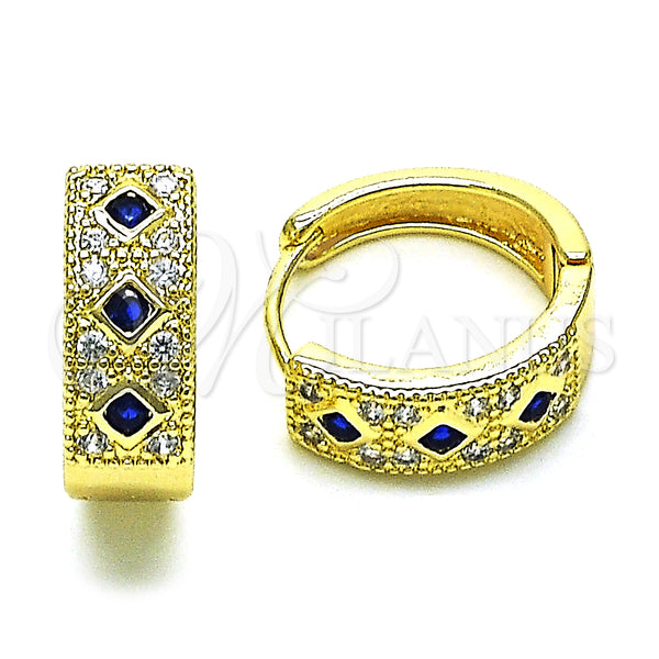 Gold Filled Hoop Earrings — Huggie Hoop with Sapphire Blue Cubic Zirconia and — main product view — SKU 150021 | Oro Laminado aretes de aro — Huggie Hoop with Sapphire Blue Cubic Zirconia and — SKU 150021