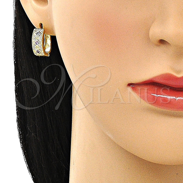 Gold Filled Hoop Earrings — Huggie Hoop with Amethyst Cubic Zirconia and White — alternate product view — SKU 150022 | Oro Laminado aretes de aro — Huggie Hoop with Amethyst Cubic Zirconia and blanco — SKU 150022