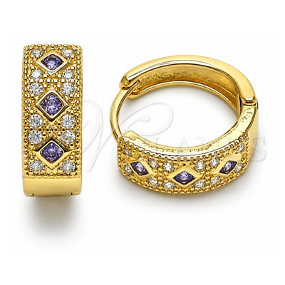 Oro Laminado Huggie Hoop, Gold Filled Style with Amethyst Cubic Zirconia and White Micro Pave, Polished, Golden Finish, 02.210.0056.14.15