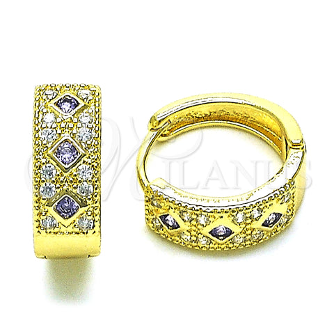 Oro Laminado Huggie Hoop, Gold Filled Style with Amethyst Cubic Zirconia and White Micro Pave, Polished, Golden Finish, 02.210.0056.14.15