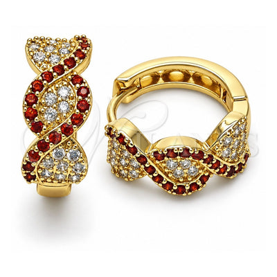 Oro Laminado Huggie Hoop, Gold Filled Style with Garnet and White Micro Pave, Polished, Golden Finish, 02.210.0802.2.15