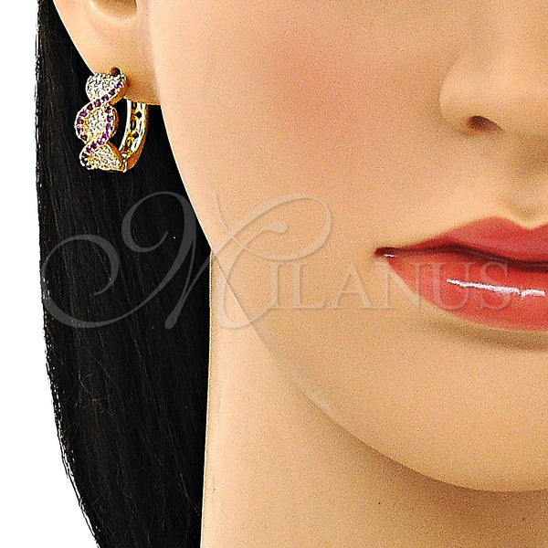 Gold Filled Hoop Earrings — Huggie Hoop with Ruby and White Micro Pave — alternate product view — SKU 150026 | Oro Laminado aretes de aro — Huggie Hoop with Ruby and blanco Micro Pave — SKU 150026