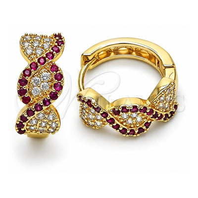 Oro Laminado Huggie Hoop, Gold Filled Style with Ruby and White Micro Pave, Polished, Golden Finish, 02.210.0802.3.15