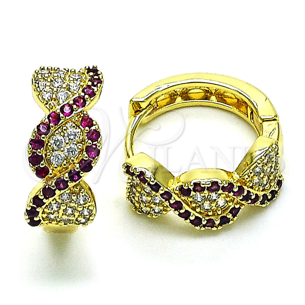 Gold Filled Hoop Earrings — Huggie Hoop with Ruby and White Micro Pave — main product view — SKU 150026 | Oro Laminado aretes de aro — Huggie Hoop with Ruby and blanco Micro Pave — SKU 150026