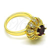 Oro Laminado Multi Stone Ring, Gold Filled Style Flower and Butterfly Design, with Garnet Cubic Zirconia and White Micro Pave, Polished, Golden Finish, 01.210.0154 (One size fits all)