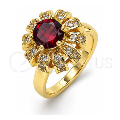 Oro Laminado Multi Stone Ring, Gold Filled Style Flower and Butterfly Design, with Garnet Cubic Zirconia and White Micro Pave, Polished, Golden Finish, 01.210.0154 (One size fits all)