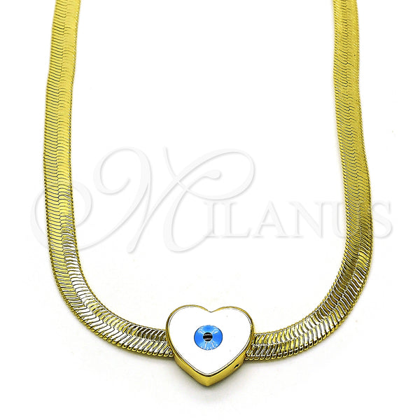 Oro Laminado Fancy Necklace, Gold Filled Style Heart and Evil Eye Design, White Enamel Finish, Golden Finish, 04.341.0099.18 (05 MM Thickness, 18 Inches Length)