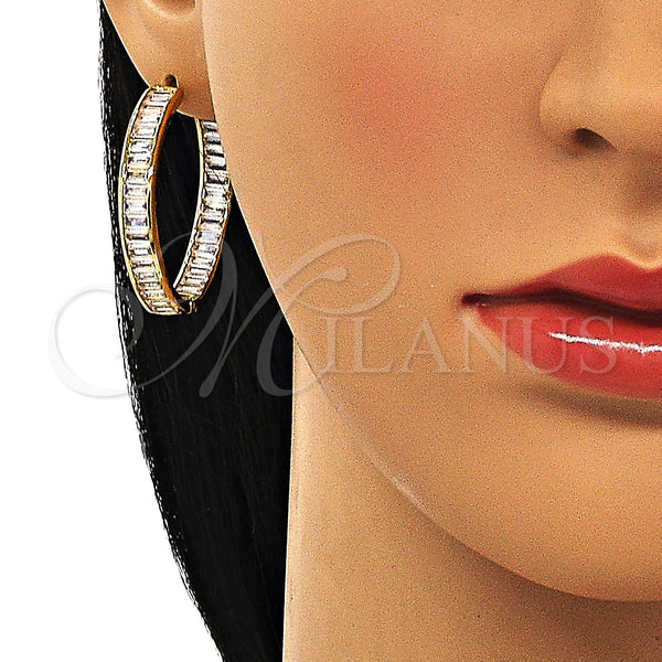 Gold Filled Hoop Earrings — Huggie Hoop Baguette Design with White Cubic Zirconia — alternate product view — SKU 150056 | Oro Laminado aretes de aro — Huggie Hoop Baguette diseño with blanco Cubic Zirconia — SKU 150056