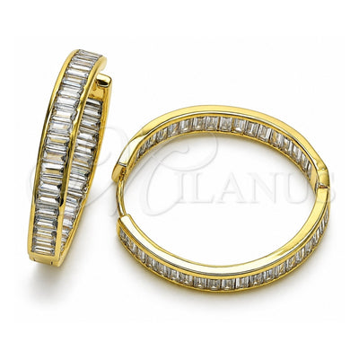 Oro Laminado Huggie Hoop, Gold Filled Style Baguette Design, with White Cubic Zirconia, Polished, Golden Finish, 02.341.0131.35