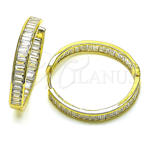 Gold Filled Hoop Earrings — Huggie Hoop Baguette Design with White Cubic Zirconia — main product view — SKU 150056 | Oro Laminado aretes de aro — Huggie Hoop Baguette diseño with blanco Cubic Zirconia — SKU 150056