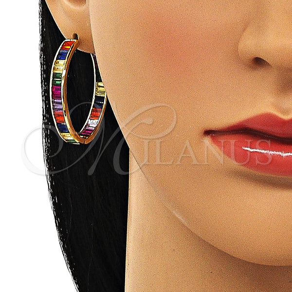 Gold Filled Hoop Earrings — Huggie Hoop Baguette Design with Multicolor Cubic Zirconia — alternate product view — SKU 150057 | Oro Laminado aretes de aro — Huggie Hoop Baguette diseño with Multicolor Cubic Zirconia — SKU 150057