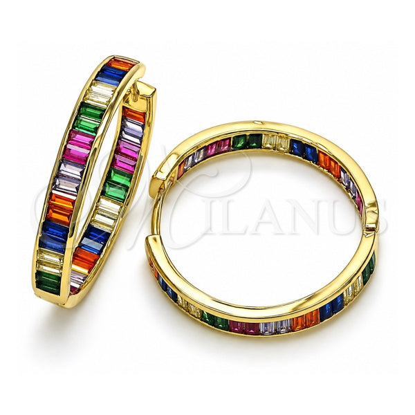 Oro Laminado Huggie Hoop, Gold Filled Style Baguette Design, with Multicolor Cubic Zirconia, Polished, Golden Finish, 02.341.0131.1.35