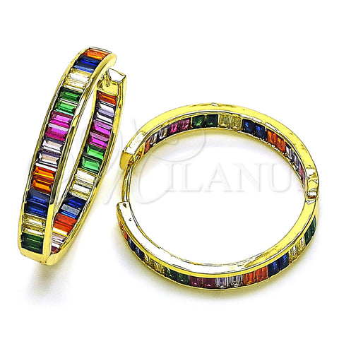 Oro Laminado Huggie Hoop, Gold Filled Style Baguette Design, with Multicolor Cubic Zirconia, Polished, Golden Finish, 02.341.0131.1.35