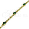 Oro Laminado Fancy Bracelet, Gold Filled Style Teardrop and Miami Cuban Design, with Green Cubic Zirconia, Polished, Golden Finish, 03.213.0165.07 (03 MM Thickness, 7 Inches Length)