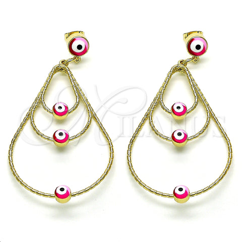 Oro Laminado Long Earring, Gold Filled Style Evil Eye and Teardrop Design, Multicolor Enamel Finish, Golden Finish, 02.213.0426.1