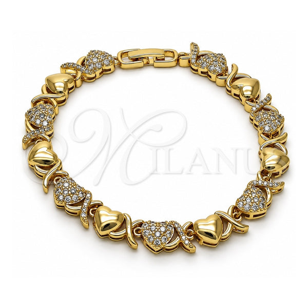 Oro Laminado Fancy Bracelet, Gold Filled Style Hugs and Kisses and Heart Design, with White Micro Pave, Polished, Golden Finish, 03.283.0259.07 (08 MM Thickness, 7 Inches Length)