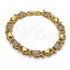 Oro Laminado Fancy Bracelet, Gold Filled Style Hugs and Kisses and Heart Design, with White Micro Pave, Polished, Golden Finish, 03.283.0259.07 (08 MM Thickness, 7 Inches Length)