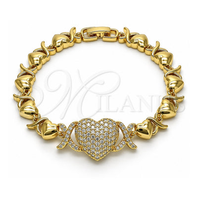 Oro Laminado Fancy Bracelet, Gold Filled Style Hugs and Kisses and Heart Design, with White Micro Pave, Polished, Golden Finish, 03.283.0261.07 (08 MM Thickness, 7 Inches Length)