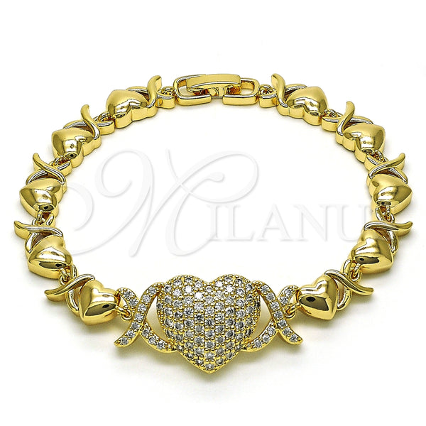 Oro Laminado Fancy Bracelet, Gold Filled Style Hugs and Kisses and Heart Design, with White Micro Pave, Polished, Golden Finish, 03.283.0261.07 (08 MM Thickness, 7 Inches Length)