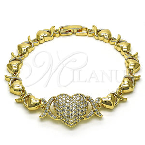 Oro Laminado Fancy Bracelet, Gold Filled Style Hugs and Kisses and Heart Design, with White Micro Pave, Polished, Golden Finish, 03.283.0261.07 (08 MM Thickness, 7 Inches Length)
