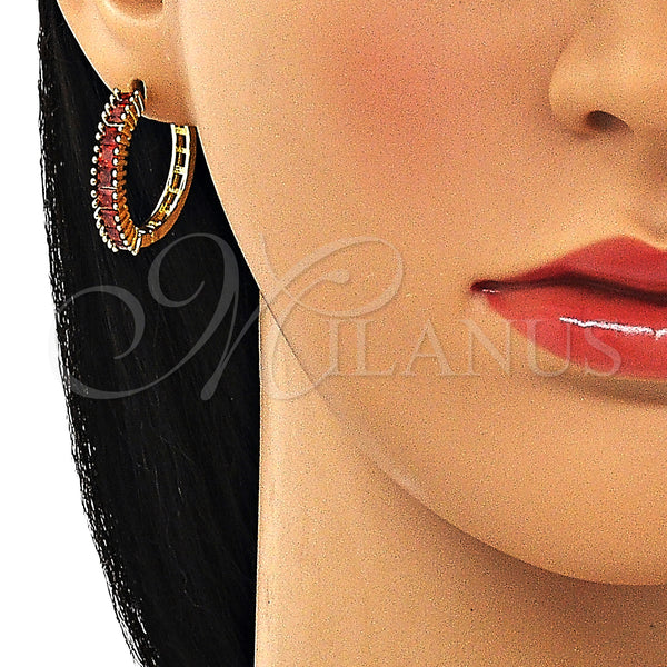 Gold Filled Hoop Earrings — Huggie Hoop with Garnet Cubic Zirconia Polished 02. — alternate product view — SKU 150080 | Oro Laminado aretes de aro — Huggie Hoop with Garnet Cubic Zirconia pulido 02. — SKU 150080